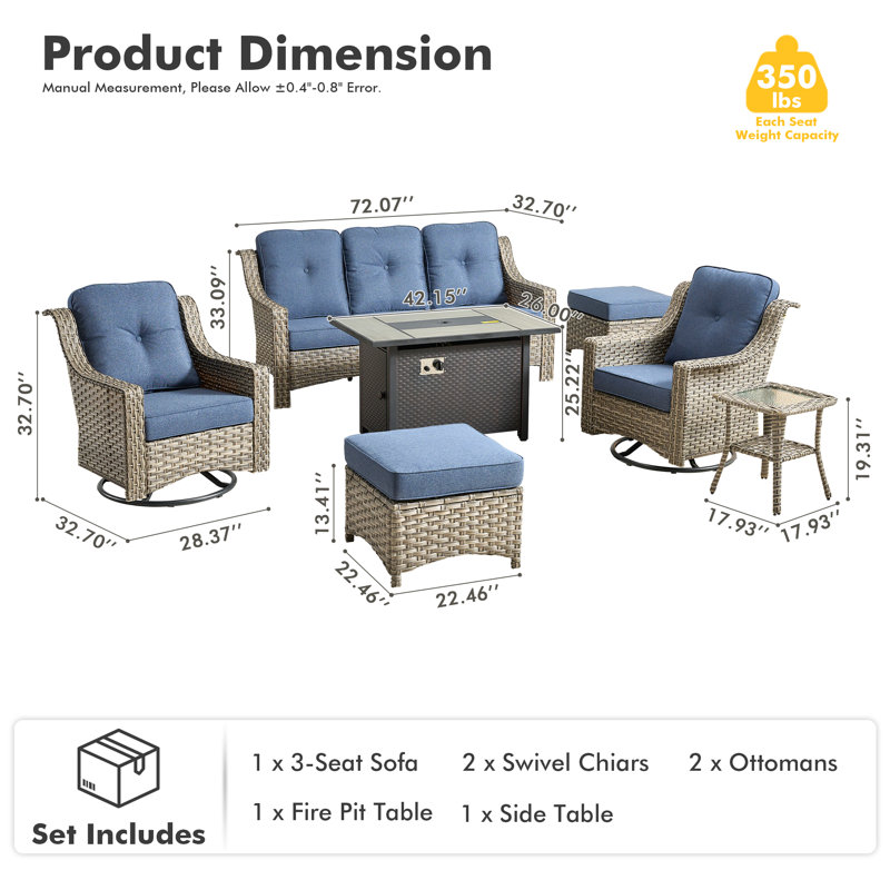 Daliya 7 - Person Outdoor Wicker Patio Conversation Furniture Set With Fire Pit Table And Swivel Rocking Chairs, Denim Blue