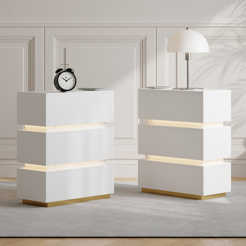 Narrow 3-Drawer LED Smart White Bedside Table with Wireless Charger
