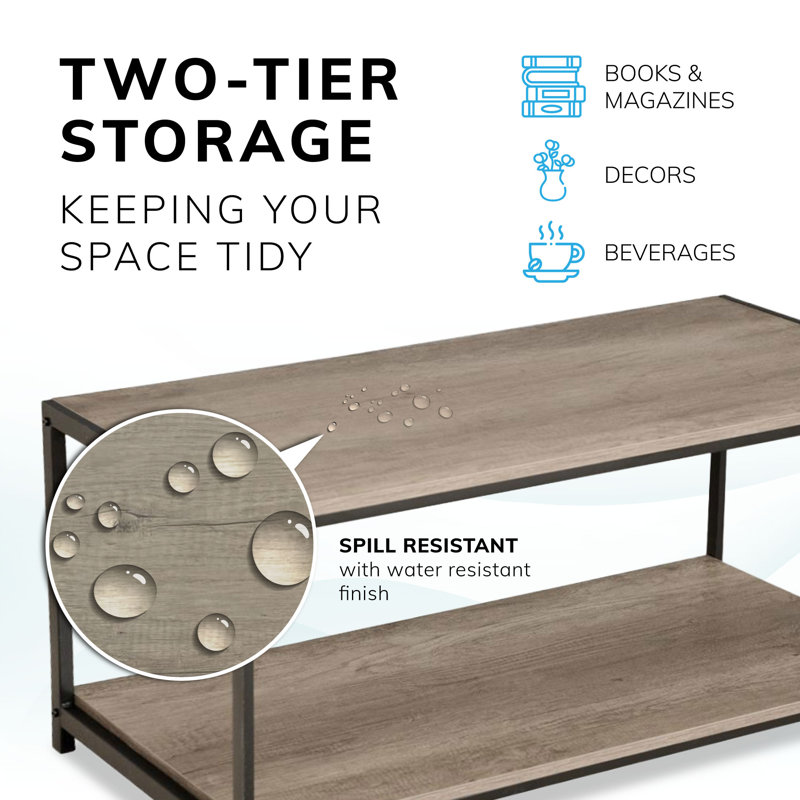 Addallee Coffee Table Rustic Wooden Grey Grain Finish Living Room Storage Shelf 2 Tier
