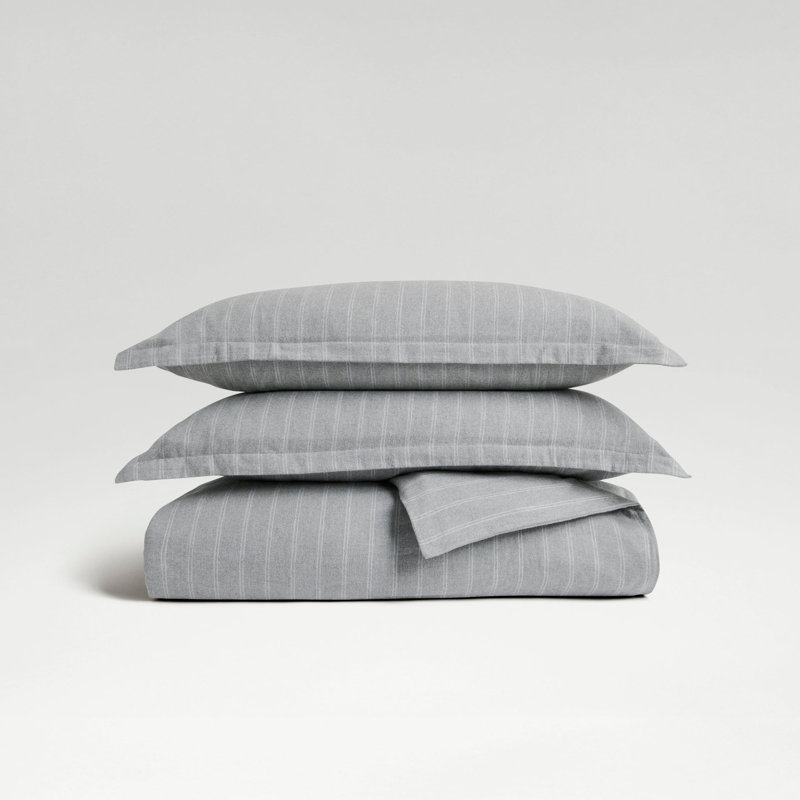 Flannel Stripe Duvet Cover Set, Queen Duvet Cover + 2 Standard Pillowcases, Silver