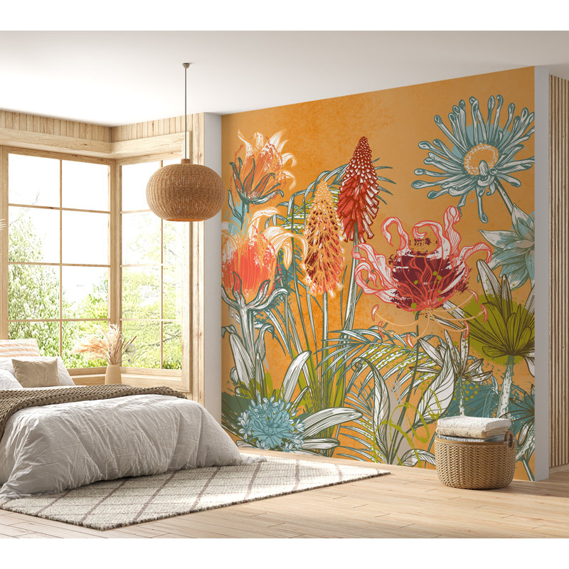 Murale pelez et collez - sérénade florale orange, L 90 po x l 90 po