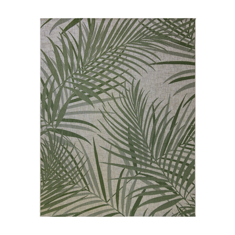 Paseo Paume All-Weather Flatweave Indoor/Outdoor Area Rug, Palm Green Beige Palm Leaf – Patio, Deck, Porch & Living Room - Green, 9x13
