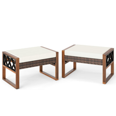 Set of 2 PE Rattan Ottomans, 400 lbs Capacity, with Removable Cushions