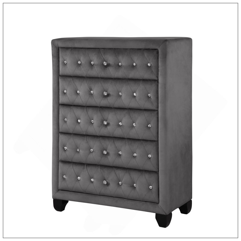 Modern Style Crystal Tufted Upholstery 5-Drawer Chest Finished With Velvet Fabric Made With Wood, Gray