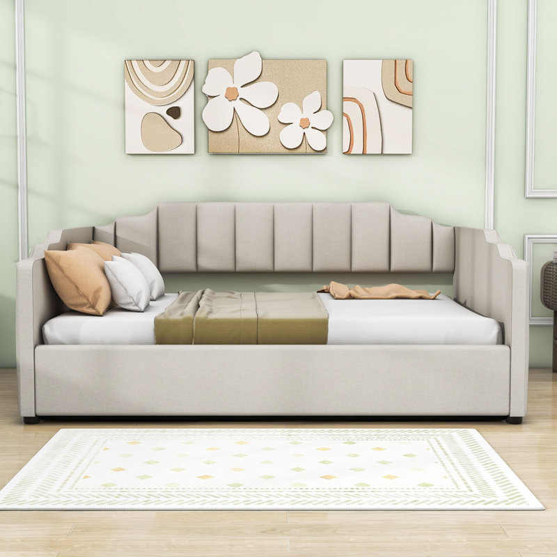 Wood Upholstered Daybed with Underneath Storage, Full, Beige