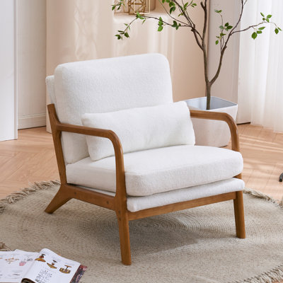 Lemley Mid Century Solid Wood Accent Chair Upholstered Armchair with an Extra Pillow