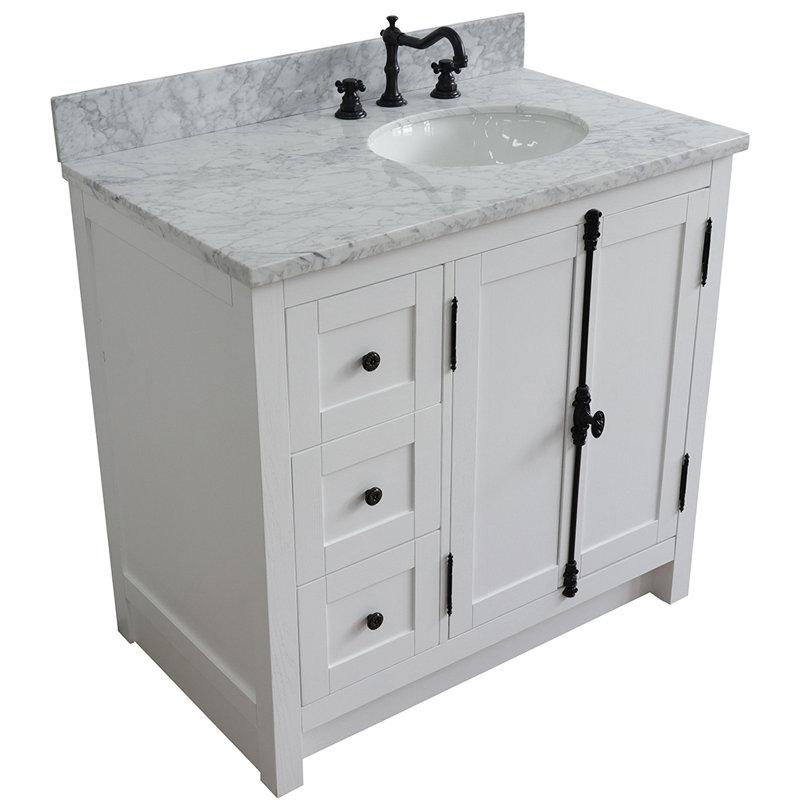 Ensemble de meuble-lavabo simple 37 po Seshadri, Marbre de Carrare blanc, Glacier cendré