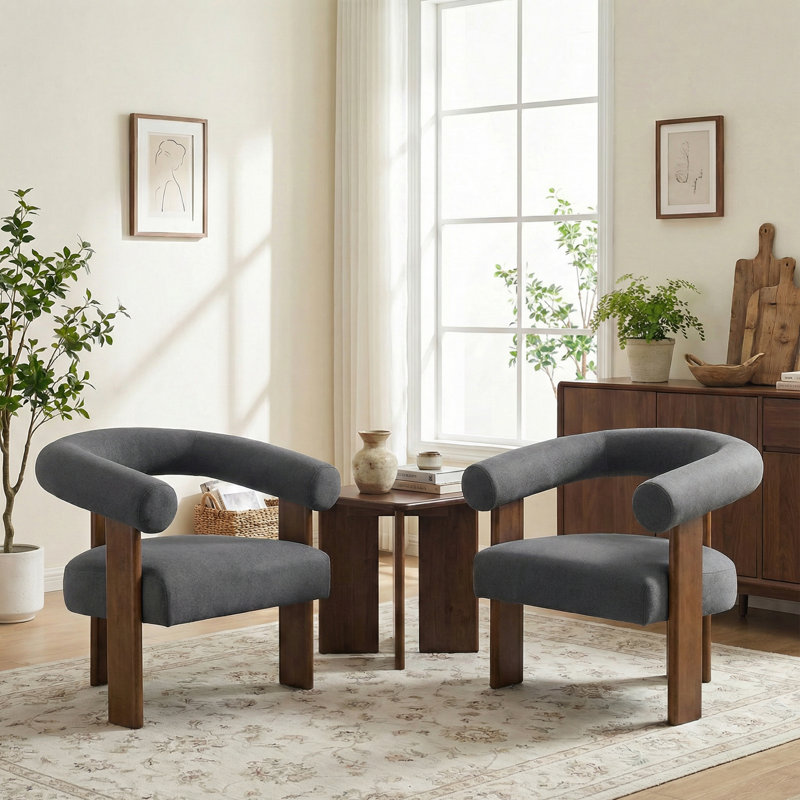 Ensemble de 2 chaises d'appoint en tonneau Mohair, 3 pieds en bois de noyer, Gris anthracite