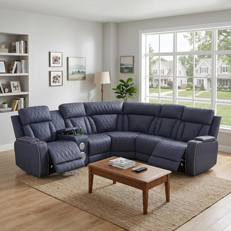 Ensemble de canapé d'angle inclinable électrique 3 pièces en cuir gris sable bleuté avec haut-parleur Bluetooth et éclairage DEL