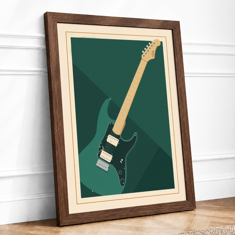 Teal Guitar Study Mid-Century - Framed Print, Walnut, A4 - 29.7 x 21.0 cm
