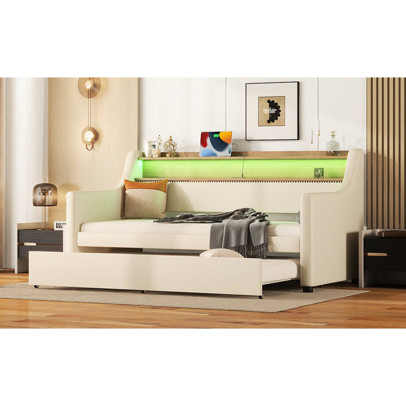 Lit de jour simple avec couchette en beige doux - Station de charge, lumières à DEL et taille de support de tête de lit