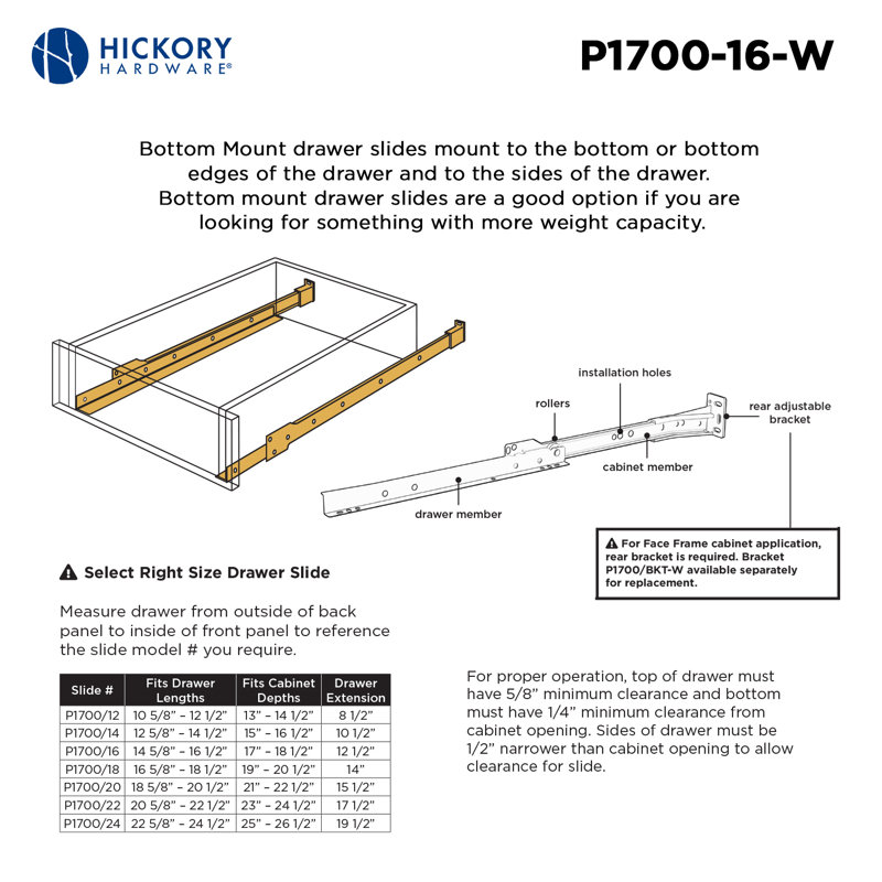 Glissières de tiroir à fermeture automatique de 16 po avec capacité de 75 lb., H 16 po x l 2,19 po x P 0,38 po