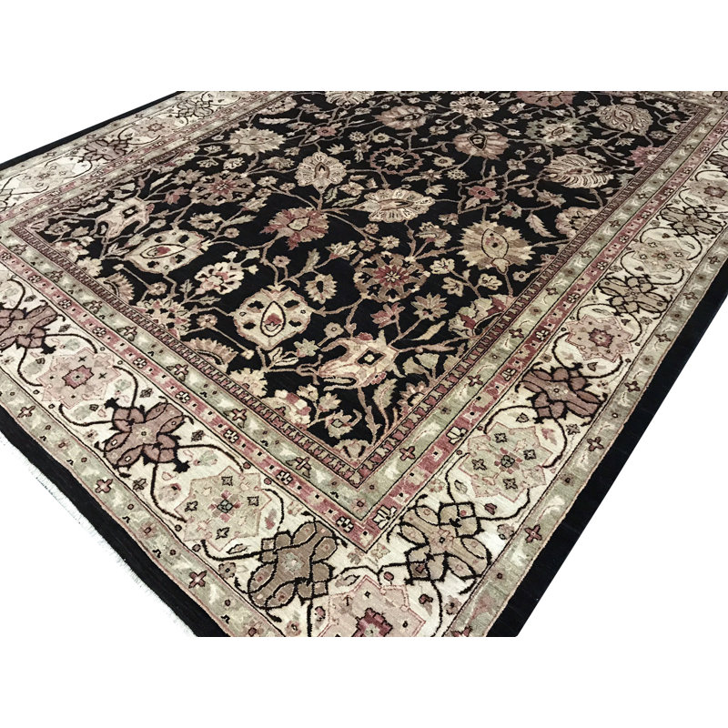 Tapis noir et beige noué à la main de haute qualité