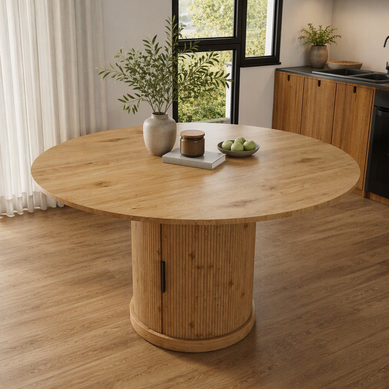 Table de salle à manger extensible ovale avec rangement à 2 niveaux et base piédestal, pour 4 à 6 personnes, Chêne