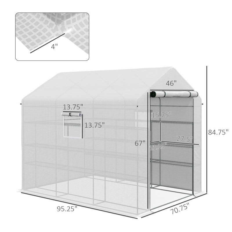 8' X 6' X 7' Portable Walk In Greenhouse With Mesh, Door, Windows, 18 Shelf, Trellis, Plant Labels, White, White