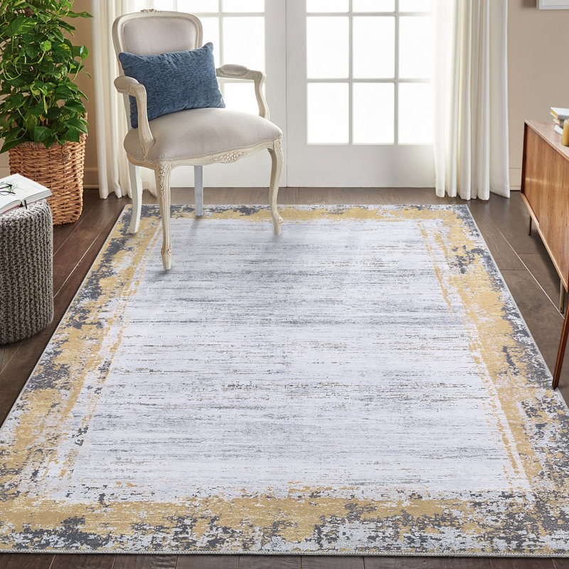 Tapis d'intérieur moderne à bordure délavée à bordure usée jaune lavable à la machine, Rectangle 9 pi x 12 pi