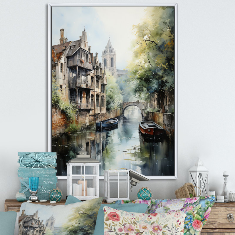 «Allemagne Canal Serenity I - Cityscapes», reproduction sur toile, H 44 po x l 34 po x P 1,5 po, Cadre flottant blanc