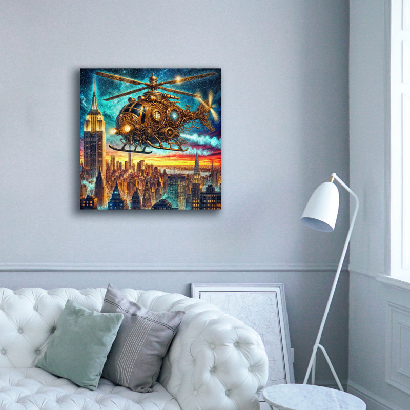 «Steampunk Helicopters Over New York» par Rey Klimt, art mural sur toile, H 37 po x l 37 po