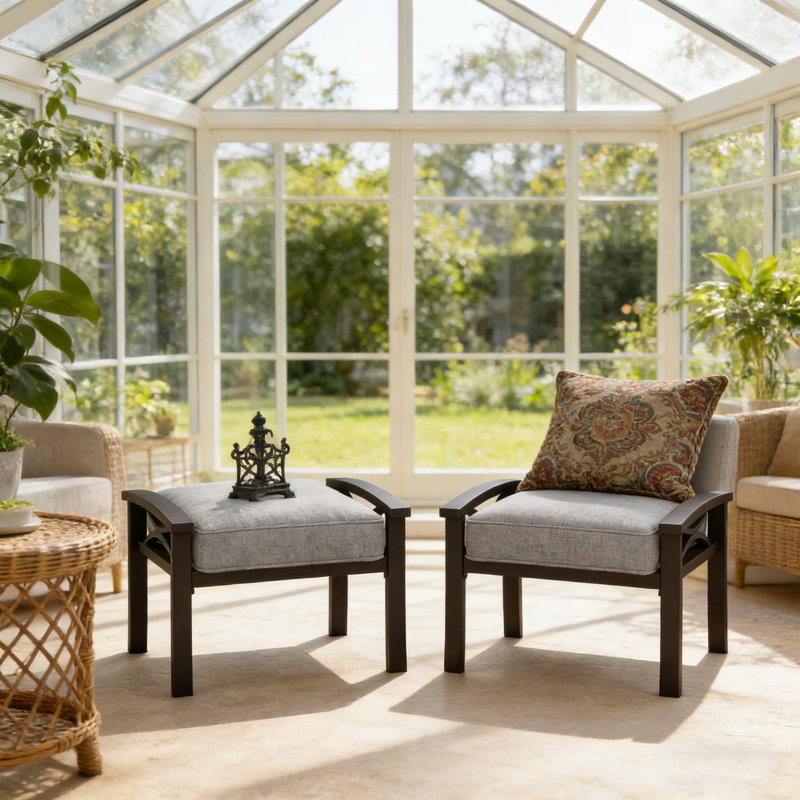Set of 2 26" Modern Outdoor Ottomans with Cushions, Gray