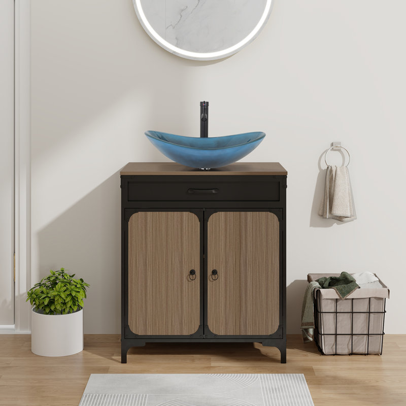 30" Free Standing Single Bathroom Vanity With Manufactured Wood Top With Sink And Faucet, Black, Blue/Black