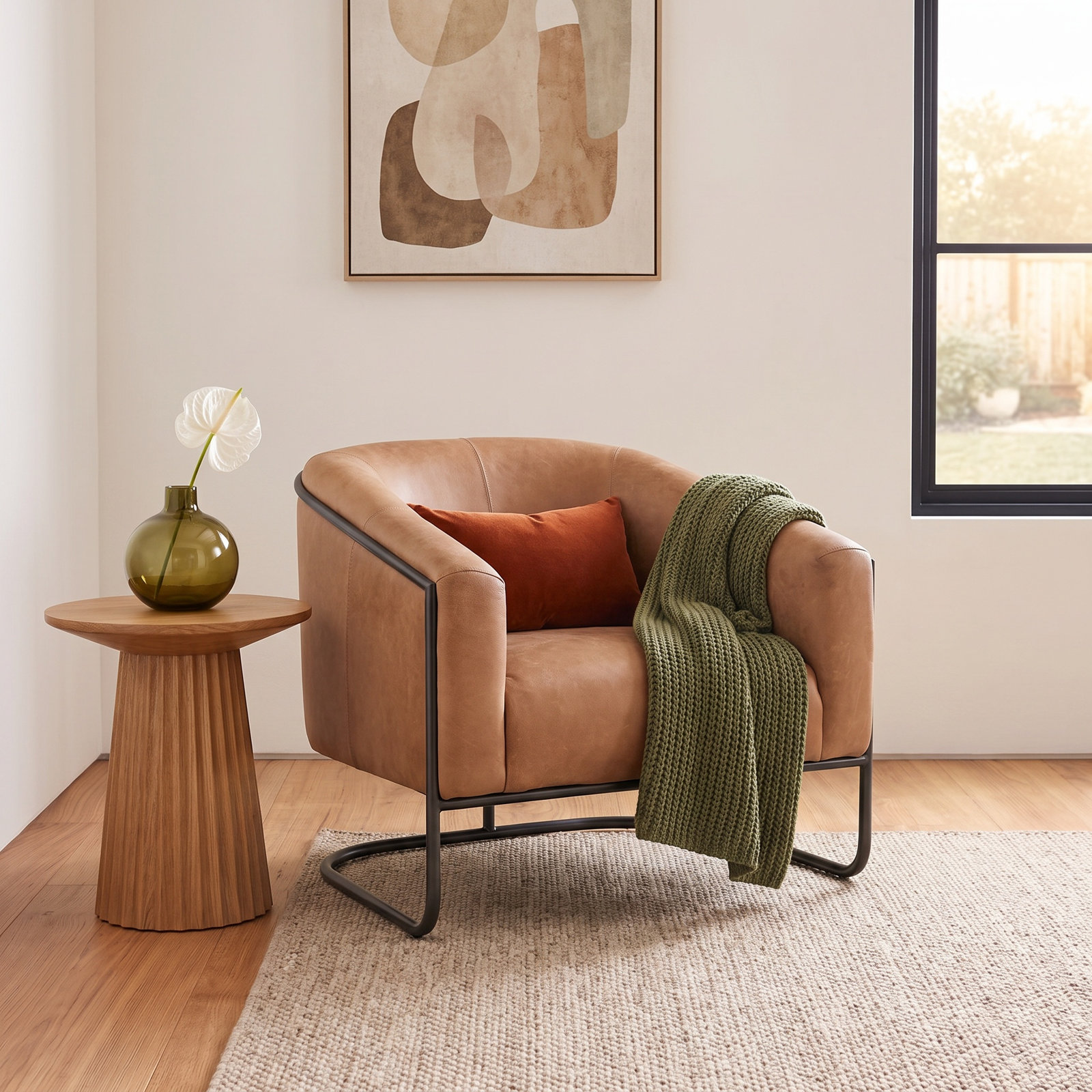 Pereda Genuine Leather Barrel Chair, Winchester Beige Genuine Leather