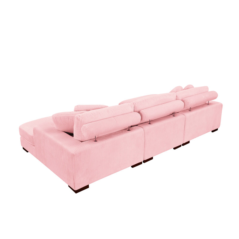 Canapé d'angle 3 places en velours côtelé rose confortable avec méridienne double, coussins décoratifs et soutien lombaire réglable, montage facile, dossier rembourré confortable, installation simple