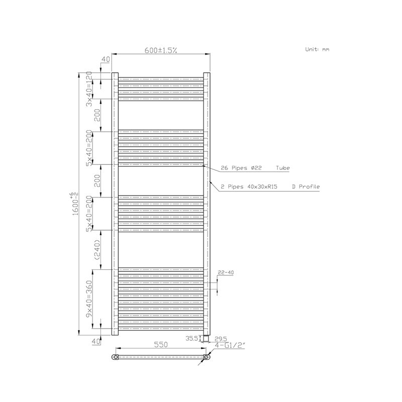 Straight Towel Rail Heated Towel Rails, Chrome, 160cm H x 60cm W x 3cm D