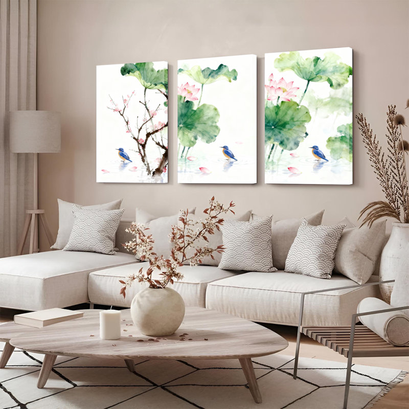 Watercolor Lotus and Cherry Blossom with Birds Canvas Wrapped Wall Art, Oriental Style Print (Set of 3), 24" H x 48" W