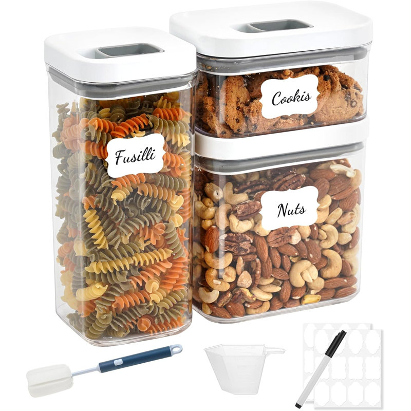  Paquet de 3 contenants de rangement pour aliments scellés à une touche avec couvercles, contenants en plastique empilables sans BPA pour l'organisation de la cuisine, comprenant étiquettes, marqueurs, tasses et brosse