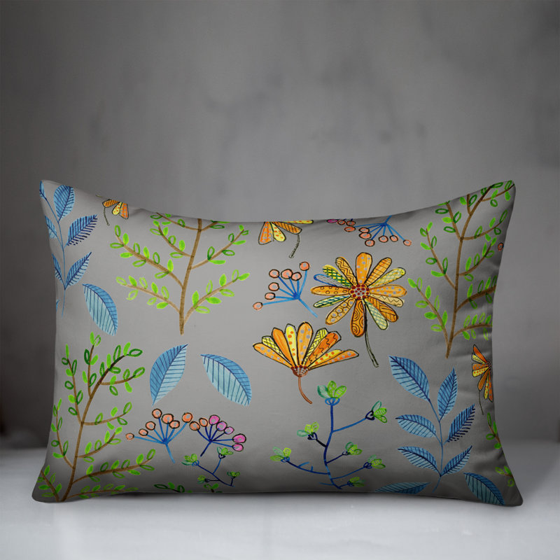 Floral Outdoor Reversible Throw Pillow, 14"H x 20"W, Gray