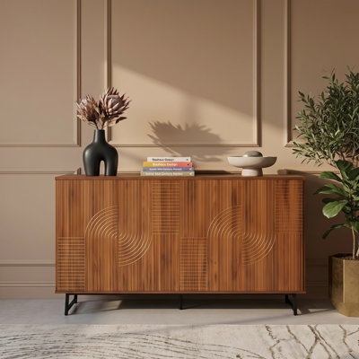 Mid-Century Modern Walnut Geometric Carved Sideboard Buffet Credenza with Metal Legs, Multi-Purpose Storage Cabinet for Living Room Dining Entryway