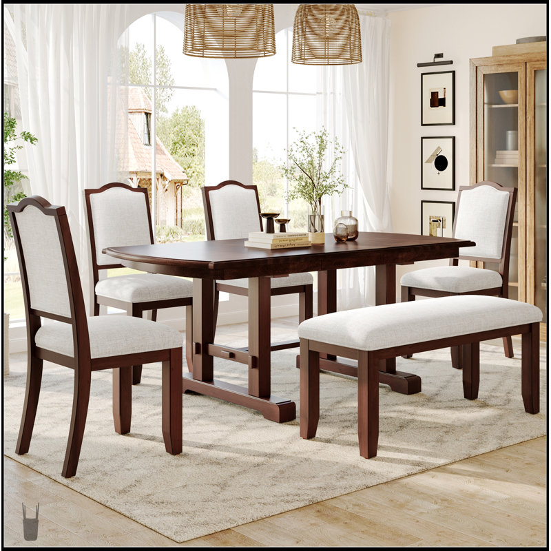 Ensemble de table de salle à manger extensible en bois 6 pièces avec rallonges amovibles et chaises rembourrées, parfait pour les réunions de famille et les repas de tous les jours