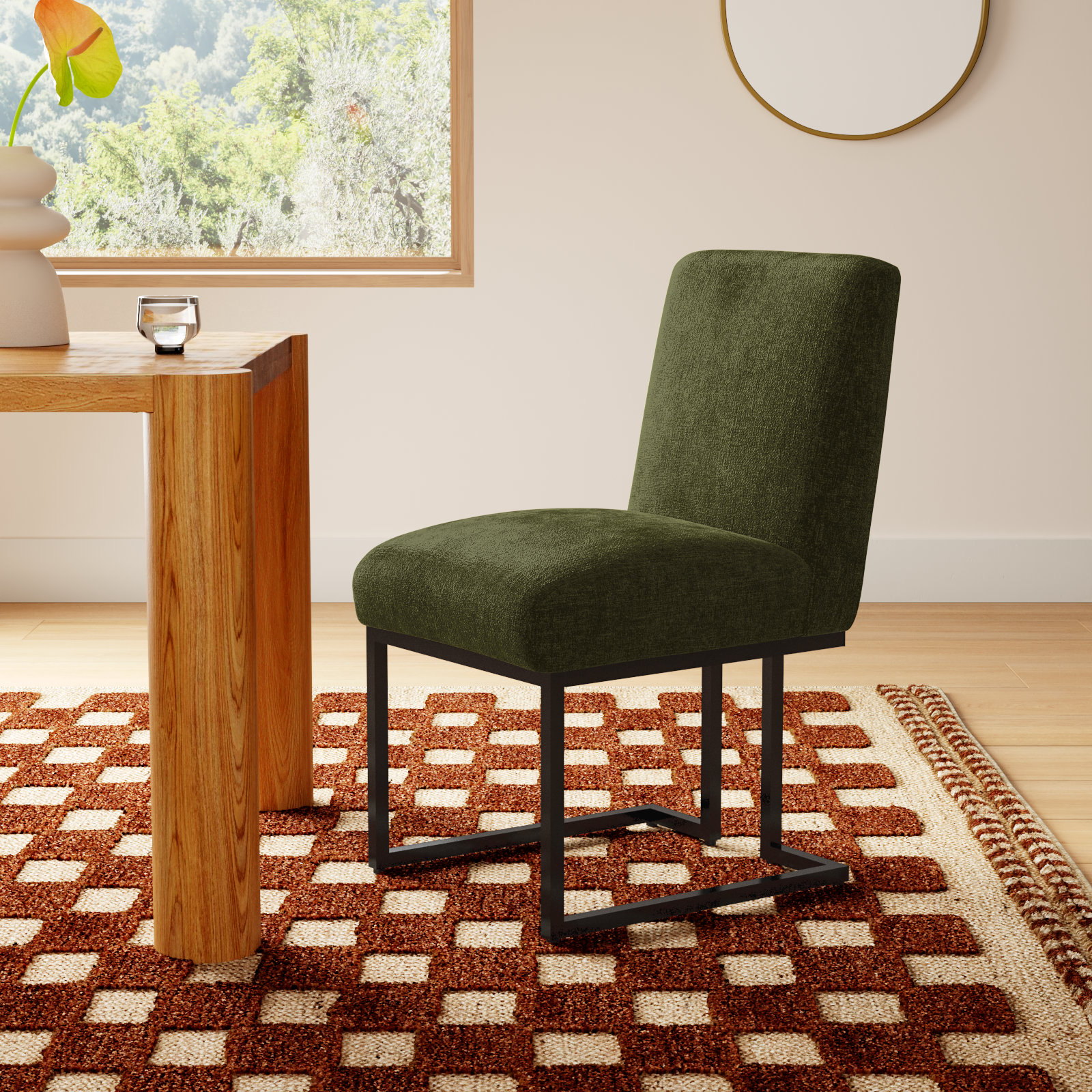 Bende Modern Fabric Upholstered Side Chairs with Metal Sled Base, Olive Green