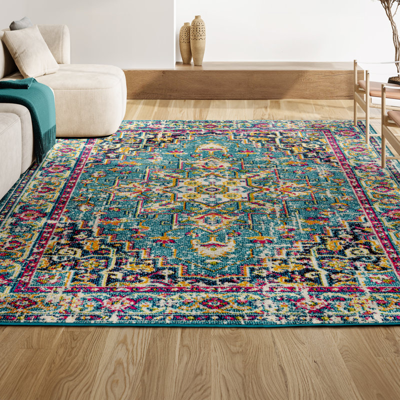 Tapis bleu / multicolore Eugena, Rectangle 7 pi 9 po x 10 pi