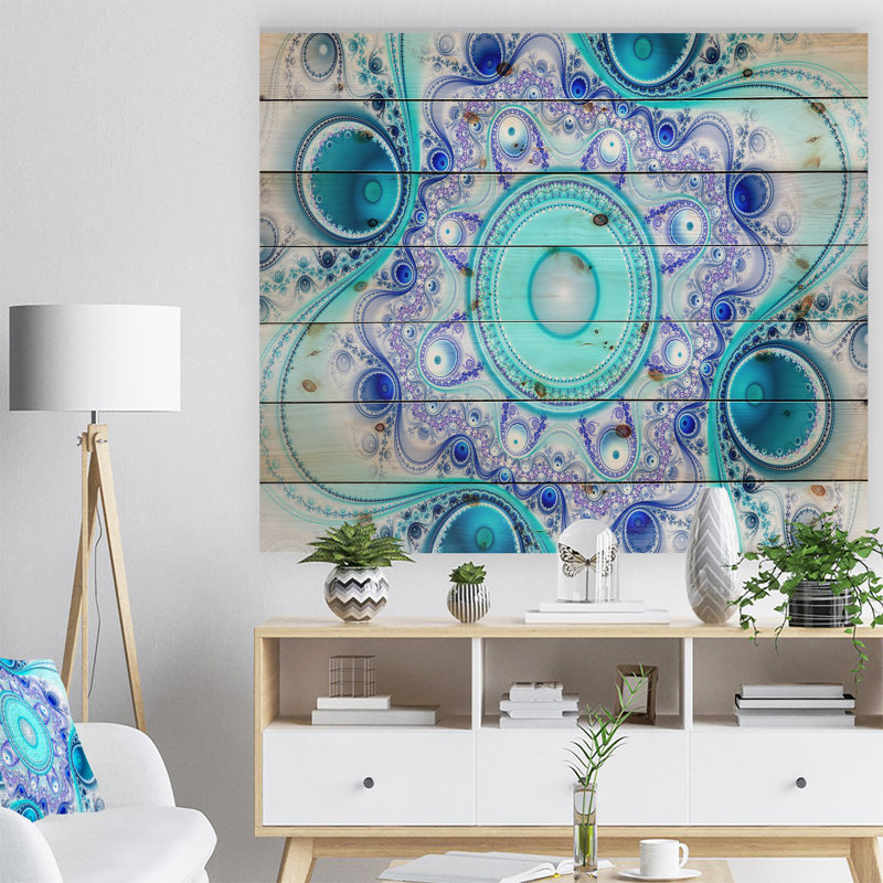 «Turquoise Wavy Curves and Circles», impression, H 36 po x l 46 po, Bois