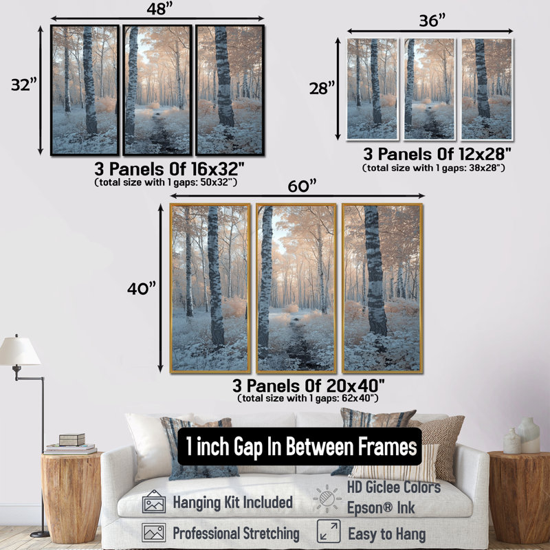 «Winter Birch Woods Forest Photo II - Winter Landscape», ensemble de reproduction d'art mural, Toile avec cadre flottant noir