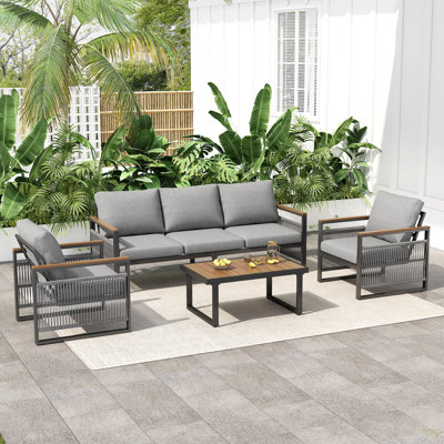 4-Pieces Outdoor Metal Patio Furniture Set, 5-Seat Patio Furniture Sofa Set With Cushion, Modern Outdoor Furniture Deep Seating For Porch, Garden, Backyard, Balcony