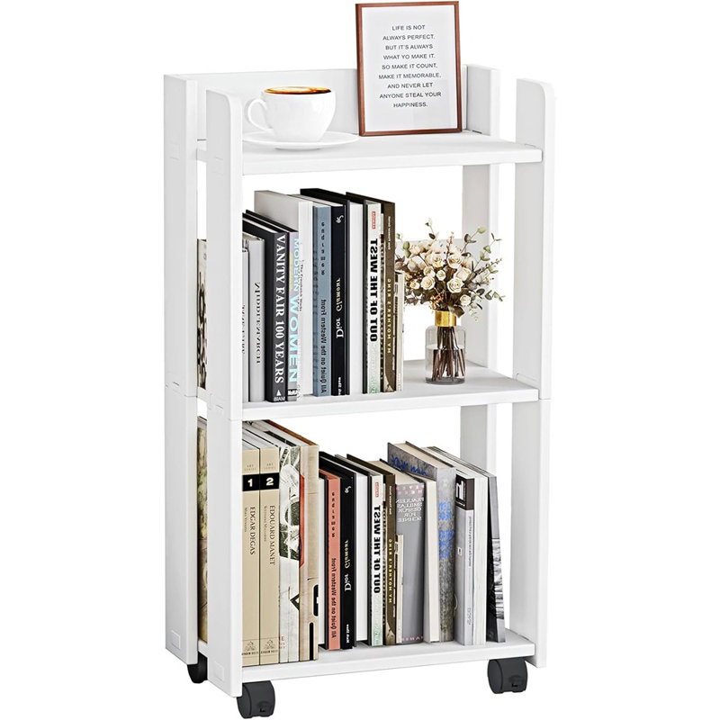 3-Tier Side Table With Wheels, Moveable Bookshelf, Multi-Functio...