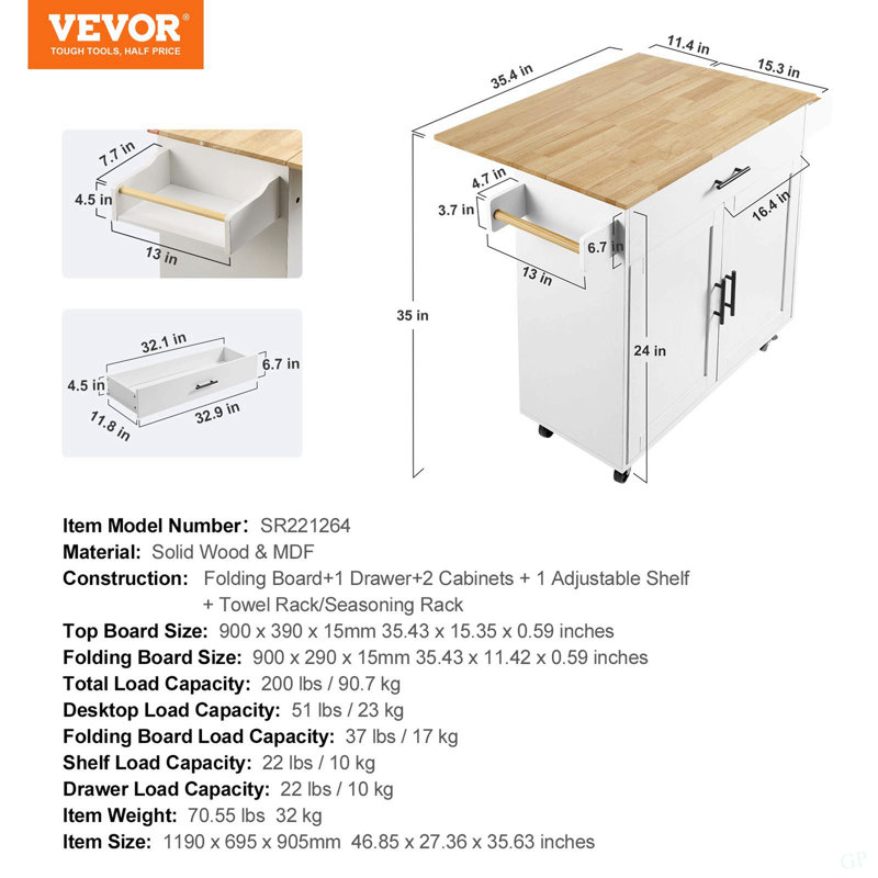 Kitchen Island Cart With Solid Wood Top, 35.4" Width Mobile Carts With Storage Cabinet, Rolling Kitchen Table With Spice Rack, Towel Rack, Drop Leaf And Drawer, Portable Islands On Wheels