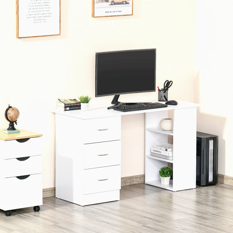 47" Modern Home Office Computer Desk Bookcase Combo Writing Table Workstation With 3 Drawer And Storage Shelf - White
