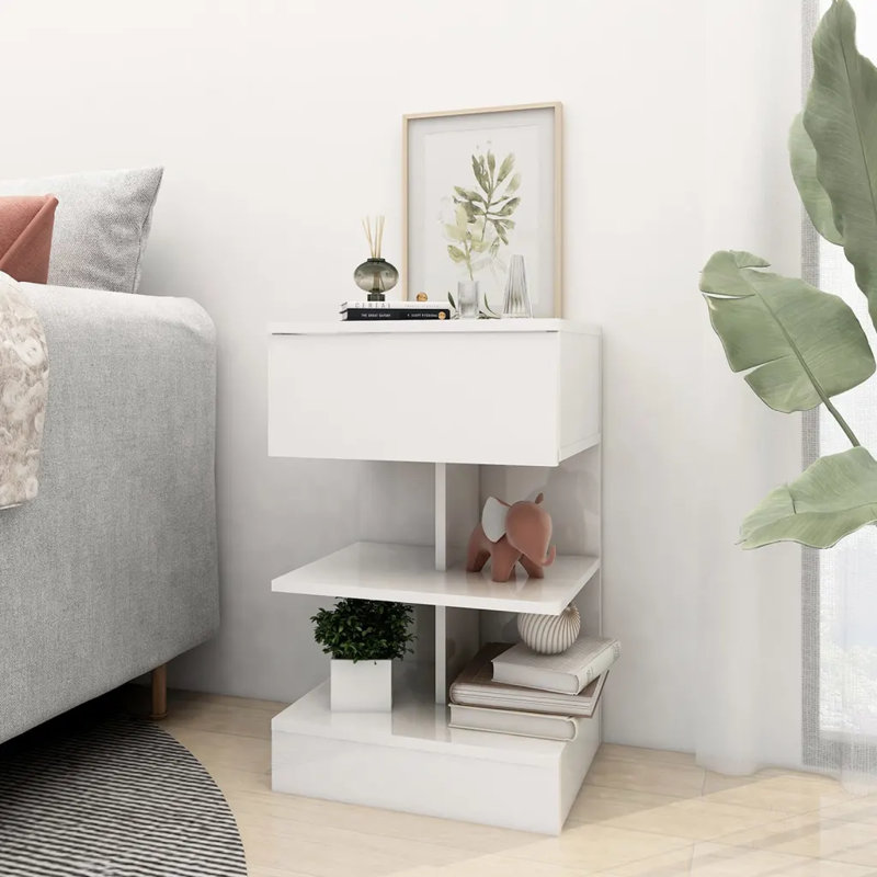 Gilliane Bedside Cabinet 40x35x65 cm Engineered Wood, Individual, High Gloss White, High Gloss White