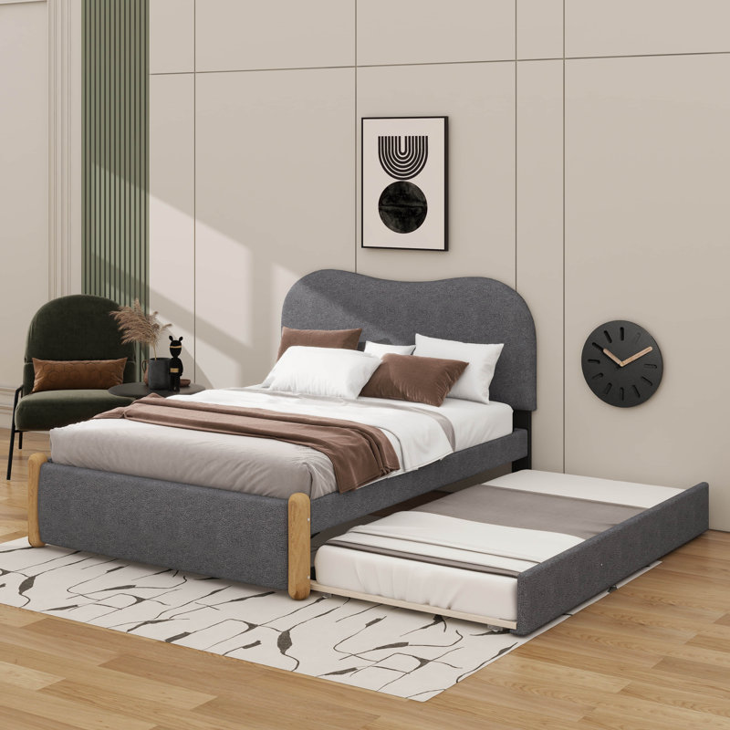 Lit plateforme tapissier avec pieds de support en bois et lit gigogne, Full, Gris