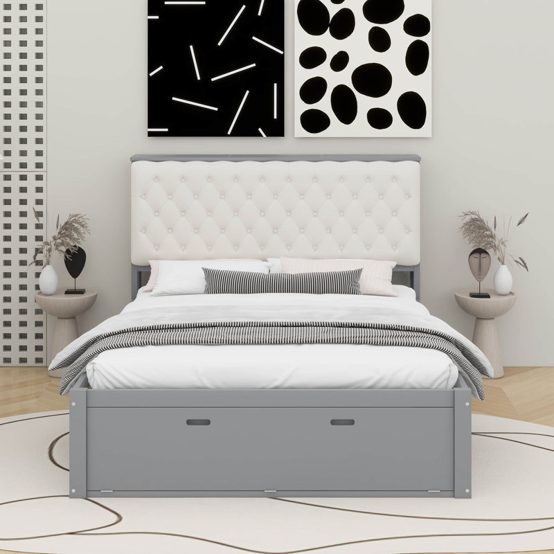 Grand lit plateforme avec tête de lit, étagère à chaussures et tiroirs, Gris