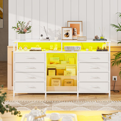 55"w Bookrack Media Dresser With Led Lights & Power Outlets - 8-drawer Fabric Storage Cabinet For Bedroom/living Room, 55.1" Wx13.8" Dx37.8" H by Wrought Studio