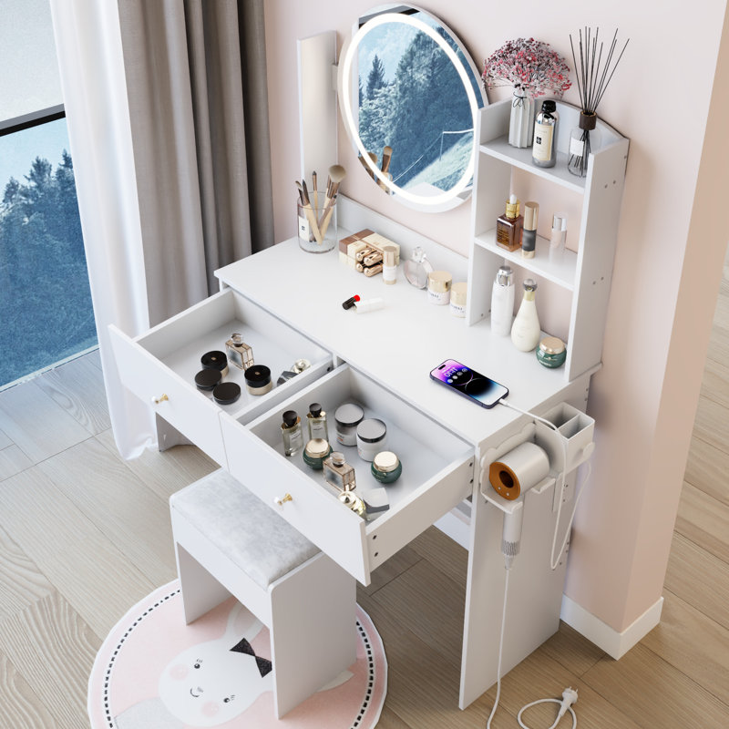 17" Round Led Vanity Table And Cushioned Stool , 3 - Color Adjustable System, Touch Controlled Mirror , Built In 2 Ac + 1 Type C Ports, Large Desktop, Multi Layer Storage, American Design, White