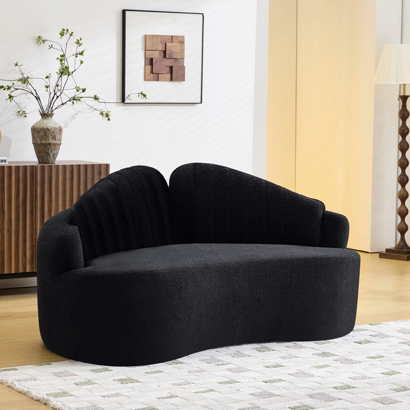 Canapé à deux places incurvé en chenille noire amovible, structure compressée, esthétique rétro minimaliste pour petits appartements, assise mi-ferme, mousse et ressorts, 4 places, largeur du tissu : 93 cm, style simple