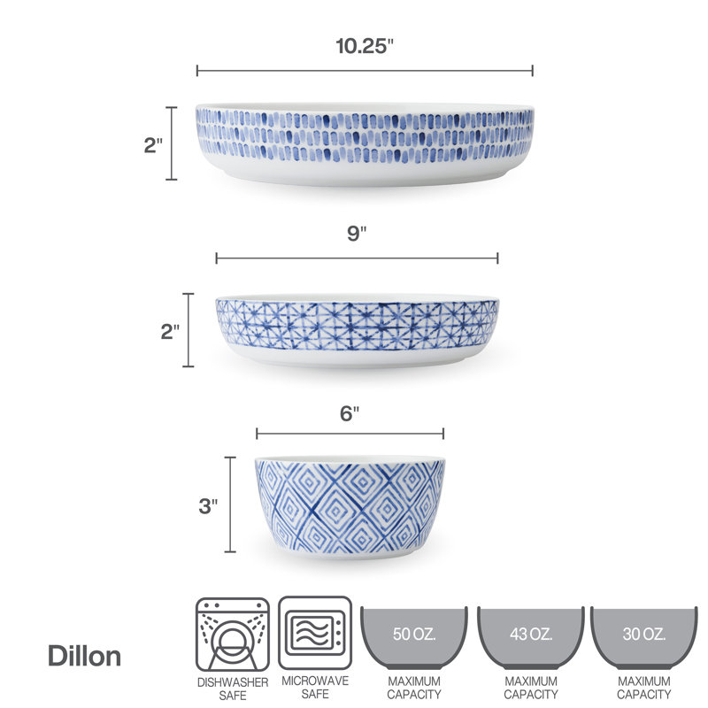 Dillon 9-piece Bone China Dinnerware Bowl Set, Service for 3