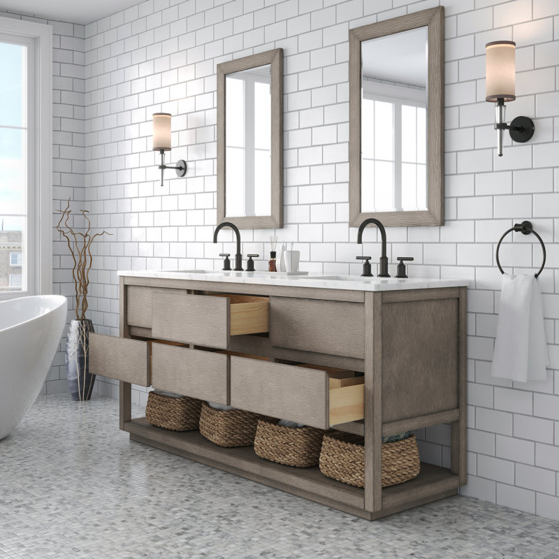 Oakman 72 In. Double Sink Carrara White Marble Countertop Bath Vanity In Grey Oak With Chrome Faucets, Oil-Rubbed Bronze