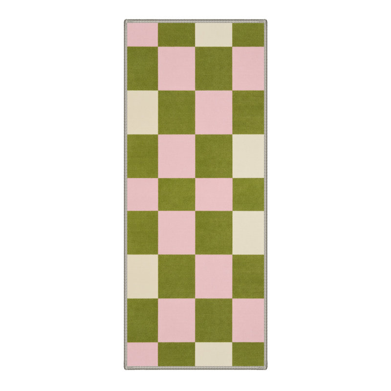 Aura Modern Checkerboard Machine Washable Green / Beige / Pink Indoor Area Rug with Non-Slip Backing, Runner 2' x 7'