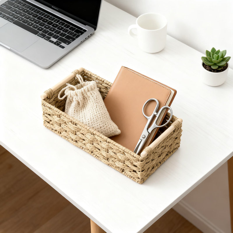 Paniers de rangement en corde de papier faits à la main avec cadre en métal, bac de rangement tissé décoratif pour salle de bain, salon, chambre à coucher, bureau, maison